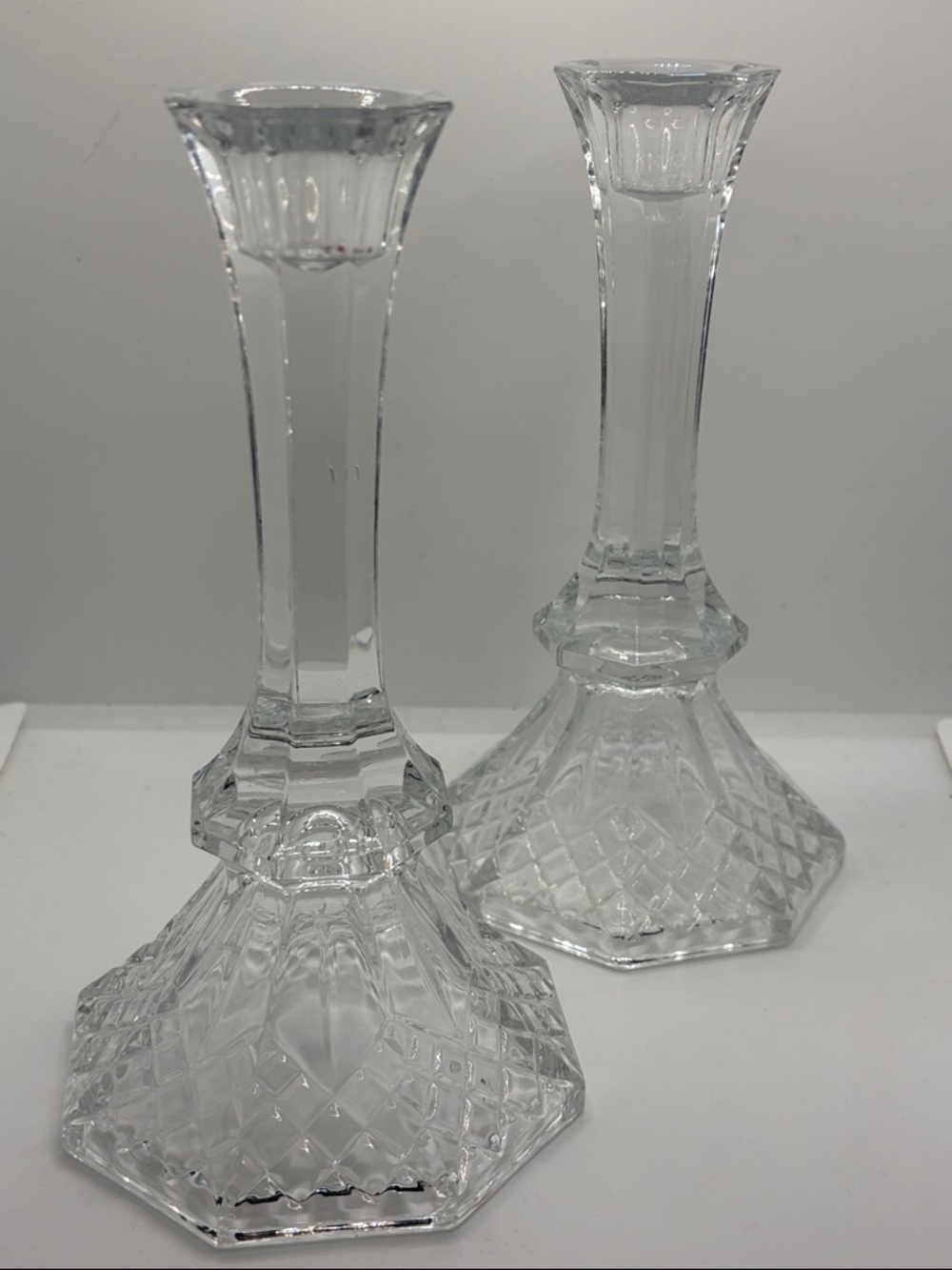 Vtg Pair 8” Crystal Glass Taper Candle Holders Anchor Hocking Legacy Diamond Cut